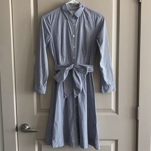 Long-Sleeve Button-Down Pinstriped Bow Dress